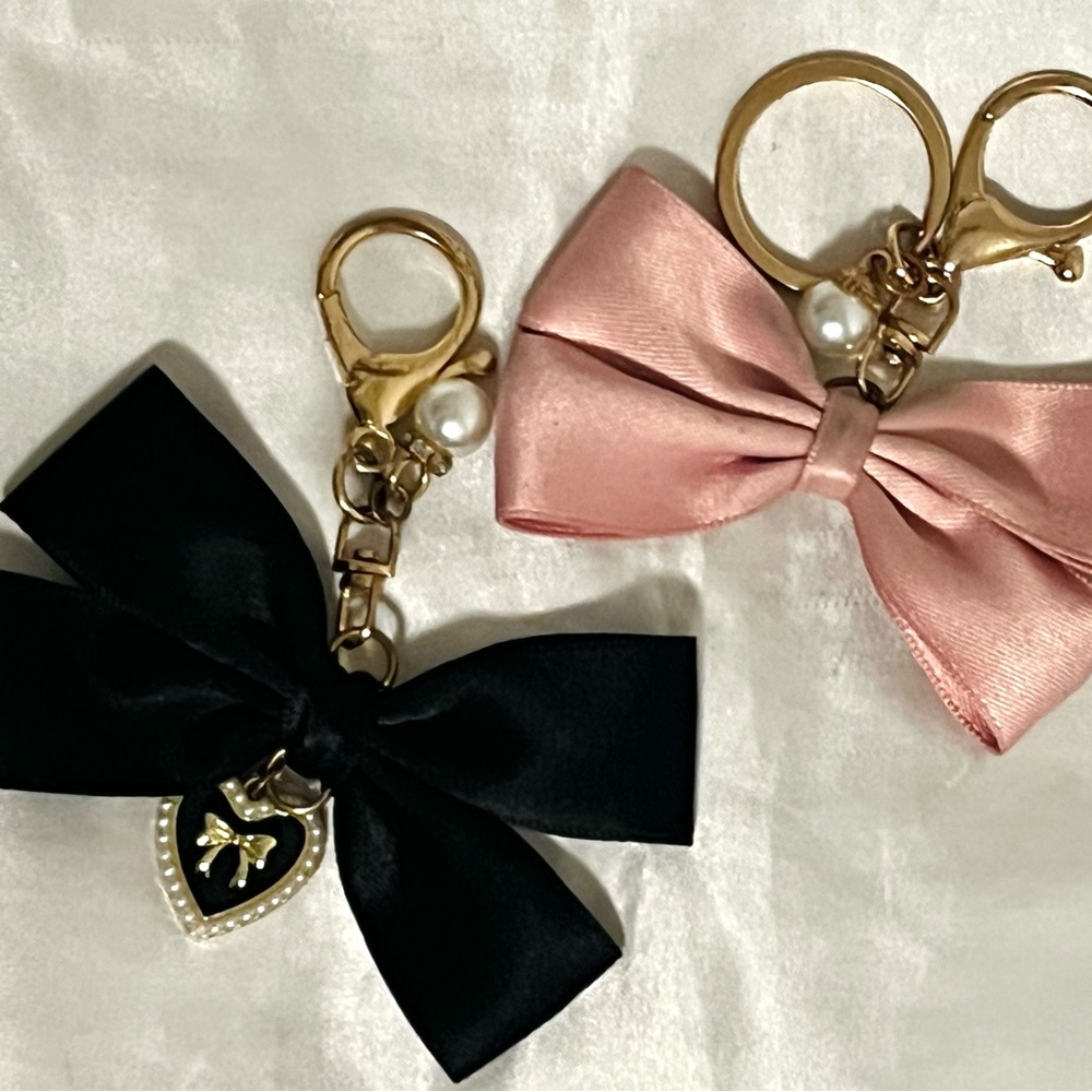 Pink and black keychain bows set of 2
